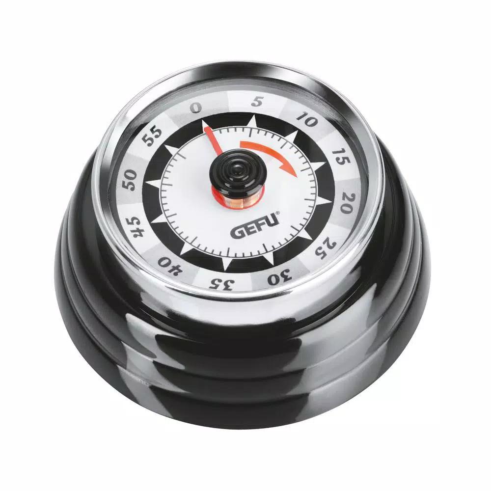 GEFU Retro Mechanical Kitchen Timer - 60 Minute Analog Timer with Magnetic Back, Black and Chrome