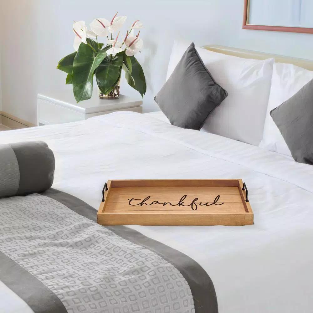 Elegant Designs Natural Wood Decorative Serving Tray with Black Metal Handles - Thankful Farmhouse Style
