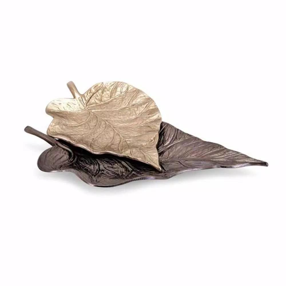 IMAX Mabon Bronze Decorative Leaf Trays, Set of 2, Cast Aluminum Gold and Bronze Finishes