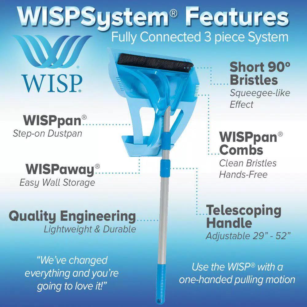 WISP 3-Piece Broom and Dustpan Set with Telescoping Handle and Bristle Seal Technology - Blue
