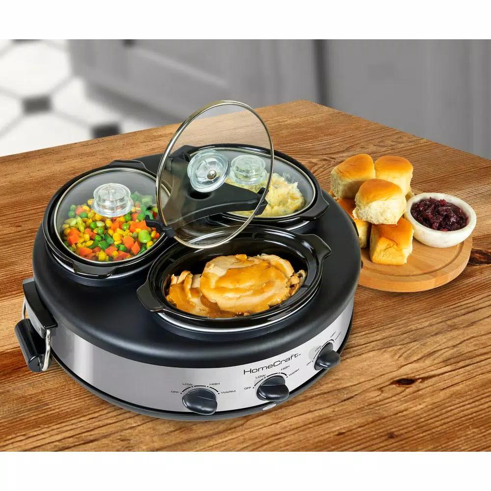 HomeCraft Triple 1.5 qt. Stainless Steel Slow Cooker Buffet Server with 3 Ceramic Pots