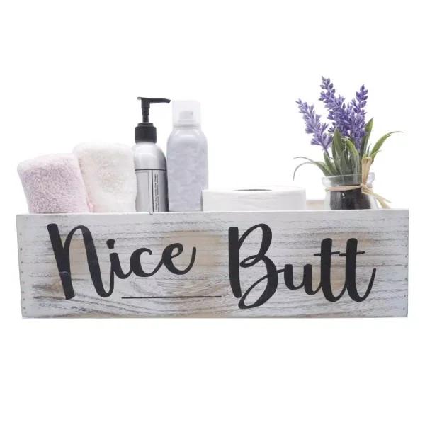 Admired By Nature Nice Butt Rustic Wooden Bathroom Decor Box, Farmhouse Toilet Tank Organizer Tray