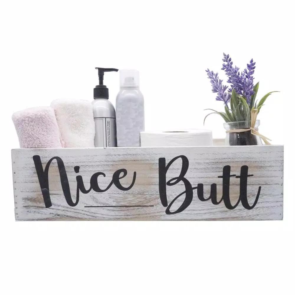 Admired By Nature Nice Butt Rustic Wooden Bathroom Decor Box, Farmhouse Toilet Tank Organizer Tray