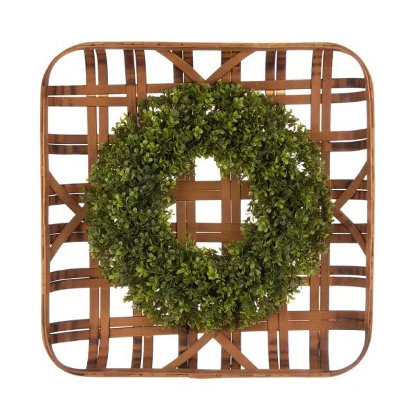 Glitzhome 18 in. Boxwood Wreath with 24 in. Bamboo Tobacco Basket Decor Set