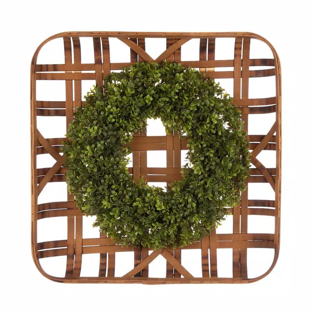 Glitzhome 18 in. Boxwood Wreath with 24 in. Bamboo Tobacco Basket Decor Set
