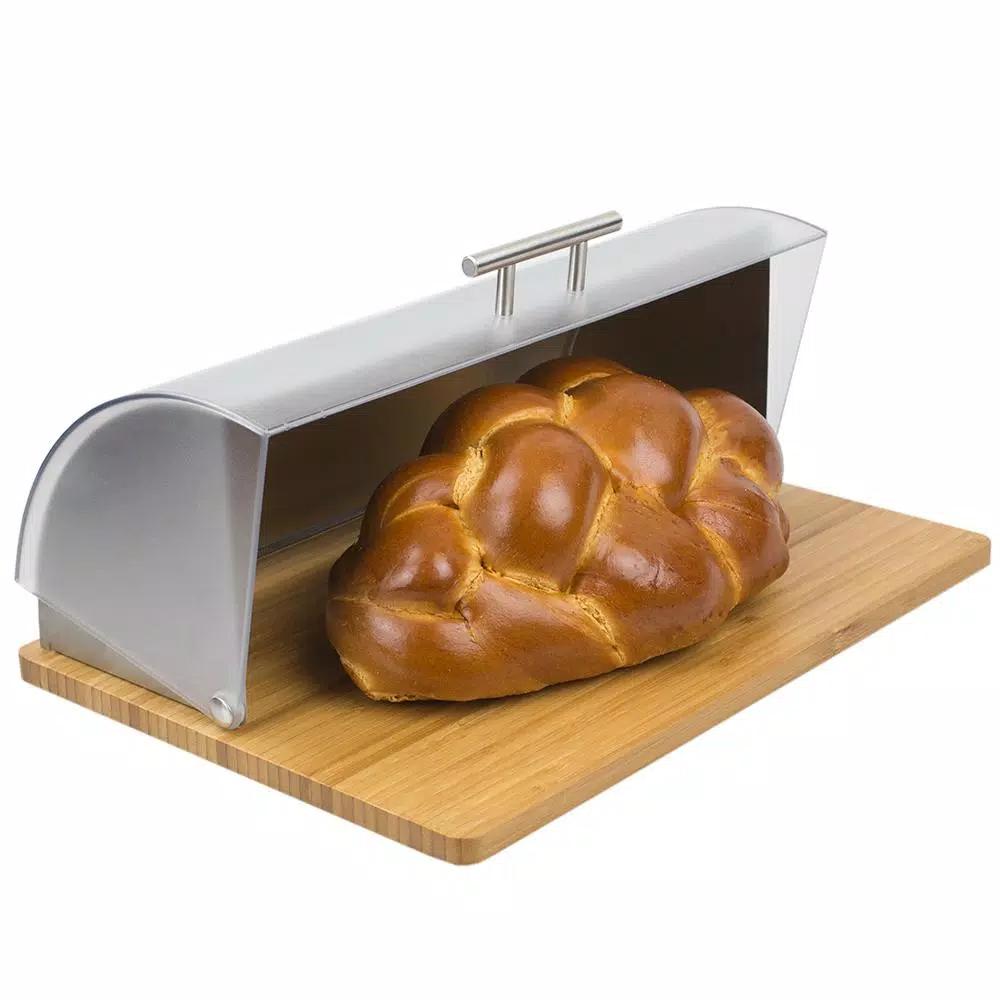 Unbranded Stainless Steel Bread Box with Wood Base and Acrylic Lid, Natural Grey