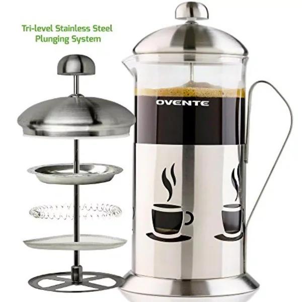 Ovente 34oz Silver French Press Coffee and Tea Maker with Borosilicate Glass Carafe and Measuring Scoop