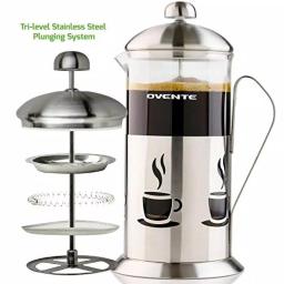 Ovente 34oz Silver French Press Coffee and Tea Maker with Borosilicate Glass Carafe and Measuring Scoop thumbnail 1