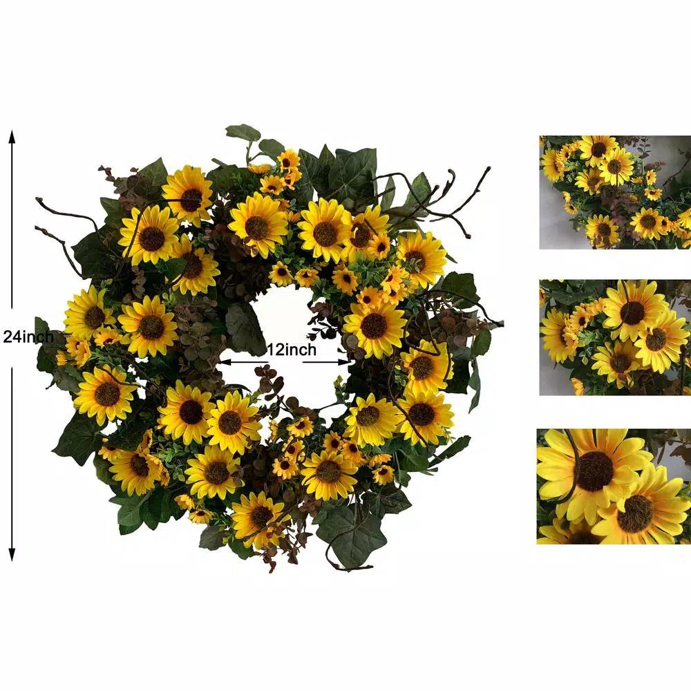 Glitzhome 24 in. Artificial Sunflower Wreath with Greenery and Grapevine Base