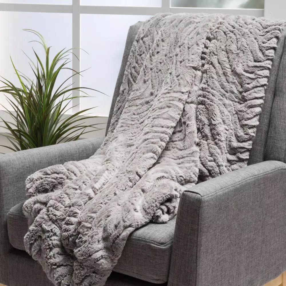 Noble House Toscana Trout Faux Fur Throw Blanket, Gray Modern Solid Pattern