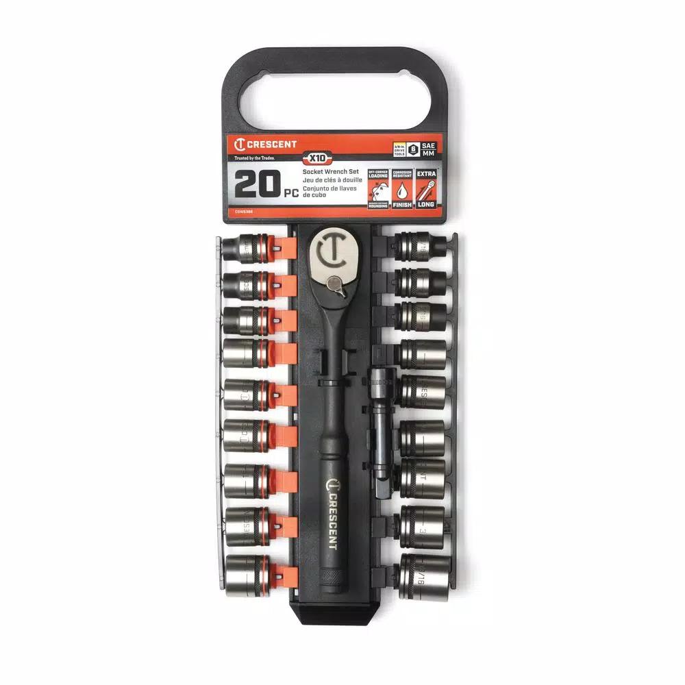 Crescent X10 3/8 in. Drive 6-Point SAE and Metric Ratchet & Socket Set, 20-Piece