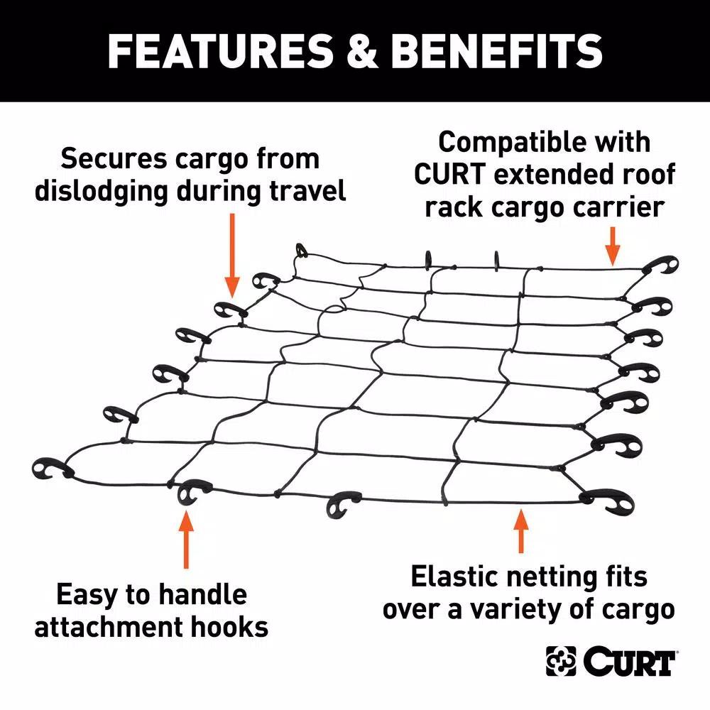 CURT 65" x 38" Extended Roof Rack Cargo Net, Black Nylon