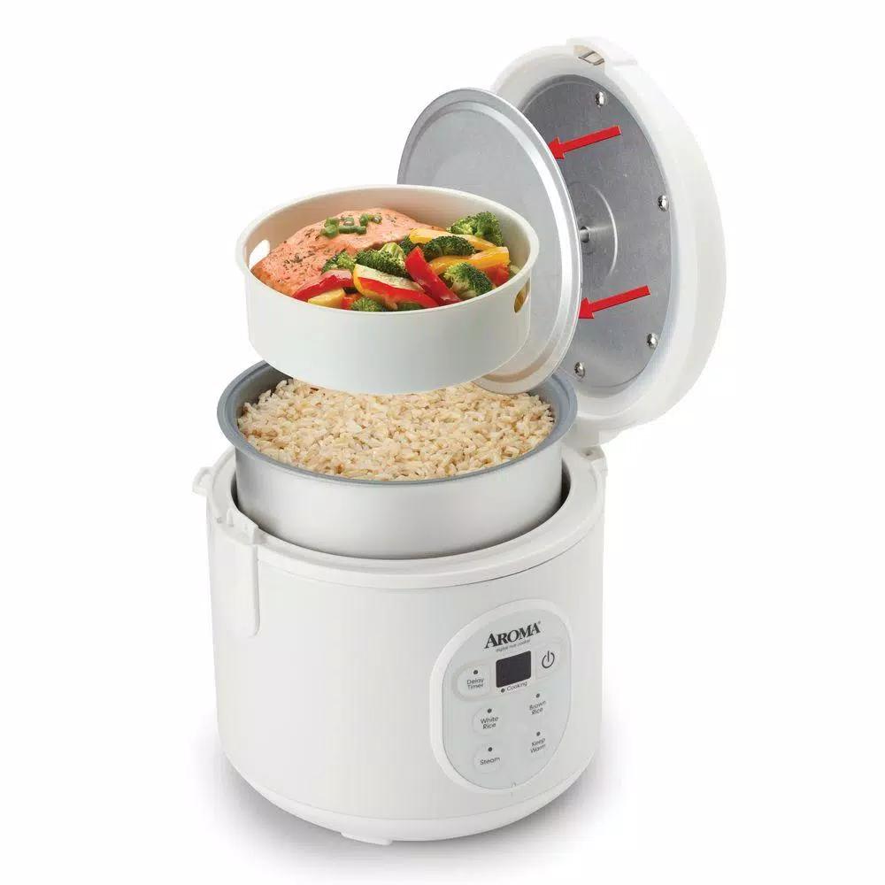 Aroma 8-Cup Digital Rice Cooker and Food Steamer, White with Black Control Panel
