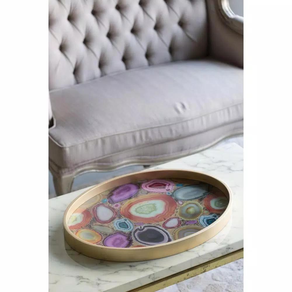 A & B Home Livonia Multi-Color Geode Design Glass Tray with Gold-Finished MDF Frame