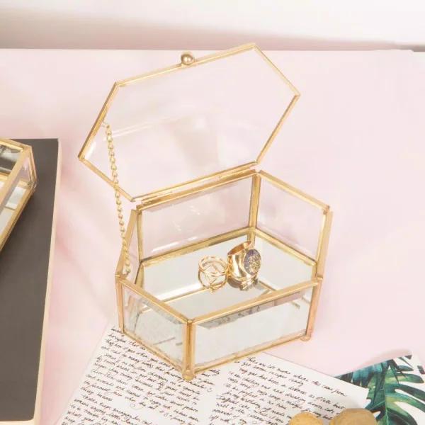 Home Details Vintage Gold Mirrored Diamond Glass Keepsake Box