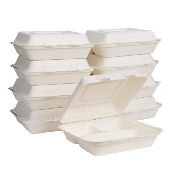 Unbranded 10 in. White Sugarcane 3-Compartment Clamshell Containers, Biodegradable Sectional Food Trays (300 Pack)