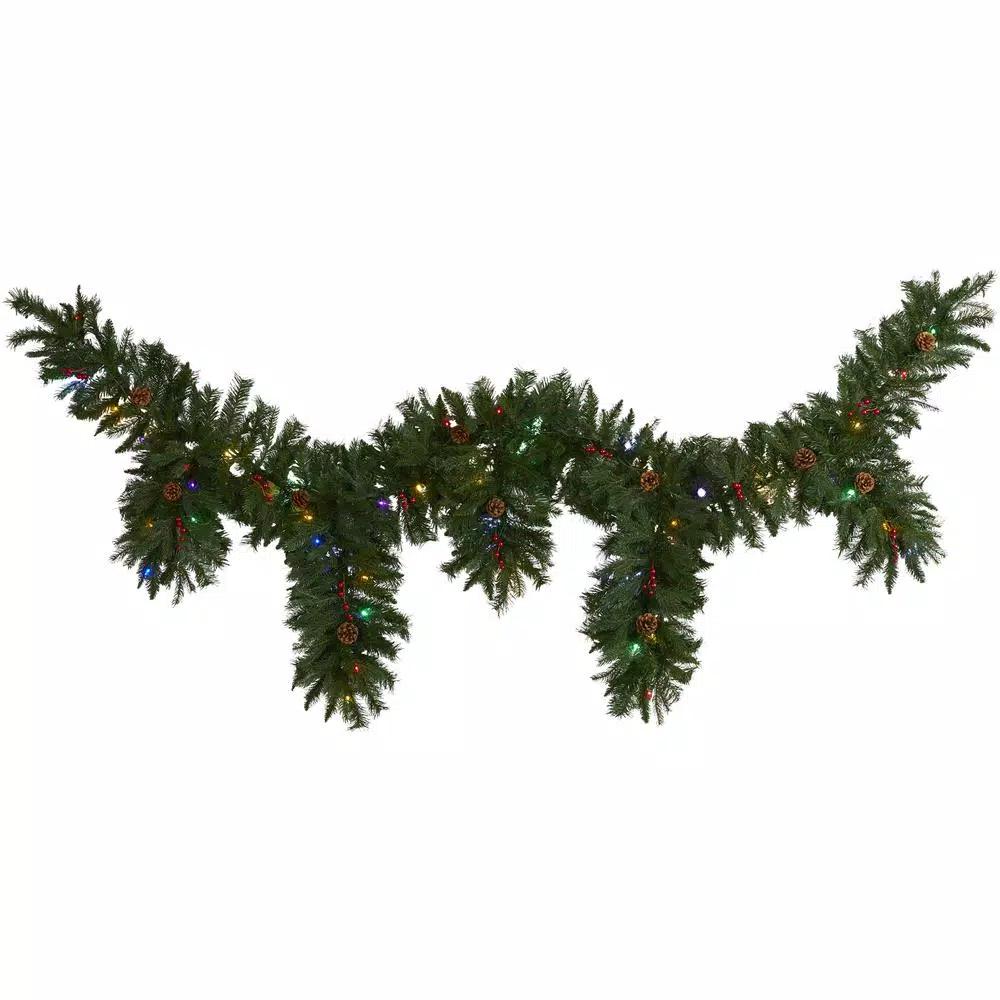 Nearly Natural 9 ft. Artificial Icicle Christmas Garland with 50 Multi-Color LED Lights, Berries and Pine Cones