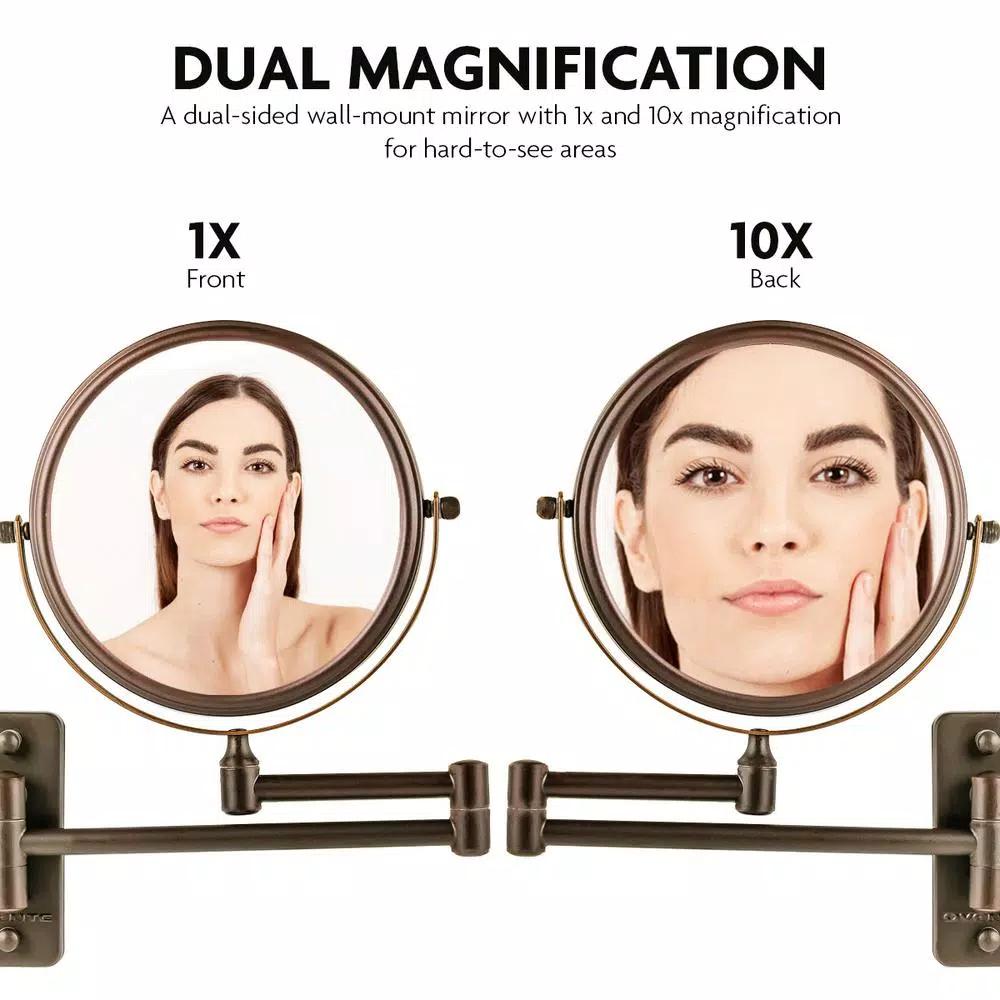 Ovente Wall Mounted Dual-Sided Makeup Mirror, 1x/10x Magnification, Antique Bronze