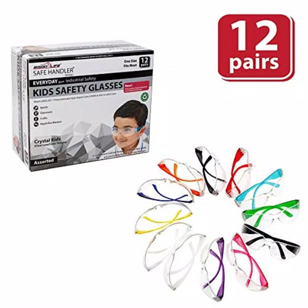 Safe Handler Kids Protective Safety Glasses, Clear Lens, Multi-Color Temple Variety Pack (Box of 12)