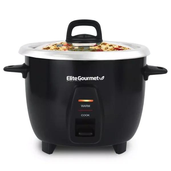 Elite Gourmet 10-Cup Deluxe Rice Cooker with Steam Tray and Stainless Steel Inner Pot, Black