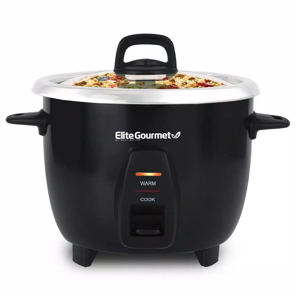 Elite Gourmet 10-Cup Deluxe Rice Cooker with Steam Tray and Stainless Steel Inner Pot, Black