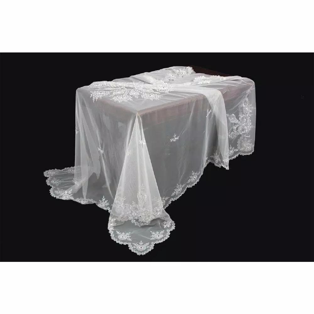Manor Luxe Xia Home Fashions 80 x 80 in. Merrigold Lace Embroidered Tablecloth with Beaded Accents, White