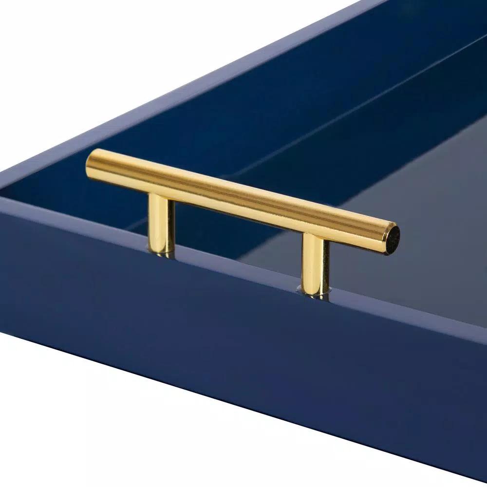 Kate and Laurel Lipton Navy Blue Decorative Rectangular Tray with Polished Metal Handles