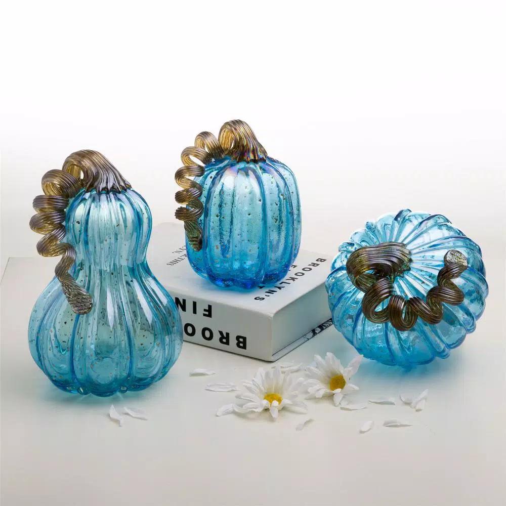 Glitzhome Set of 3 Blue Hand-Blown Glass Pumpkins - Decorative Tabletop Autumn Ornament