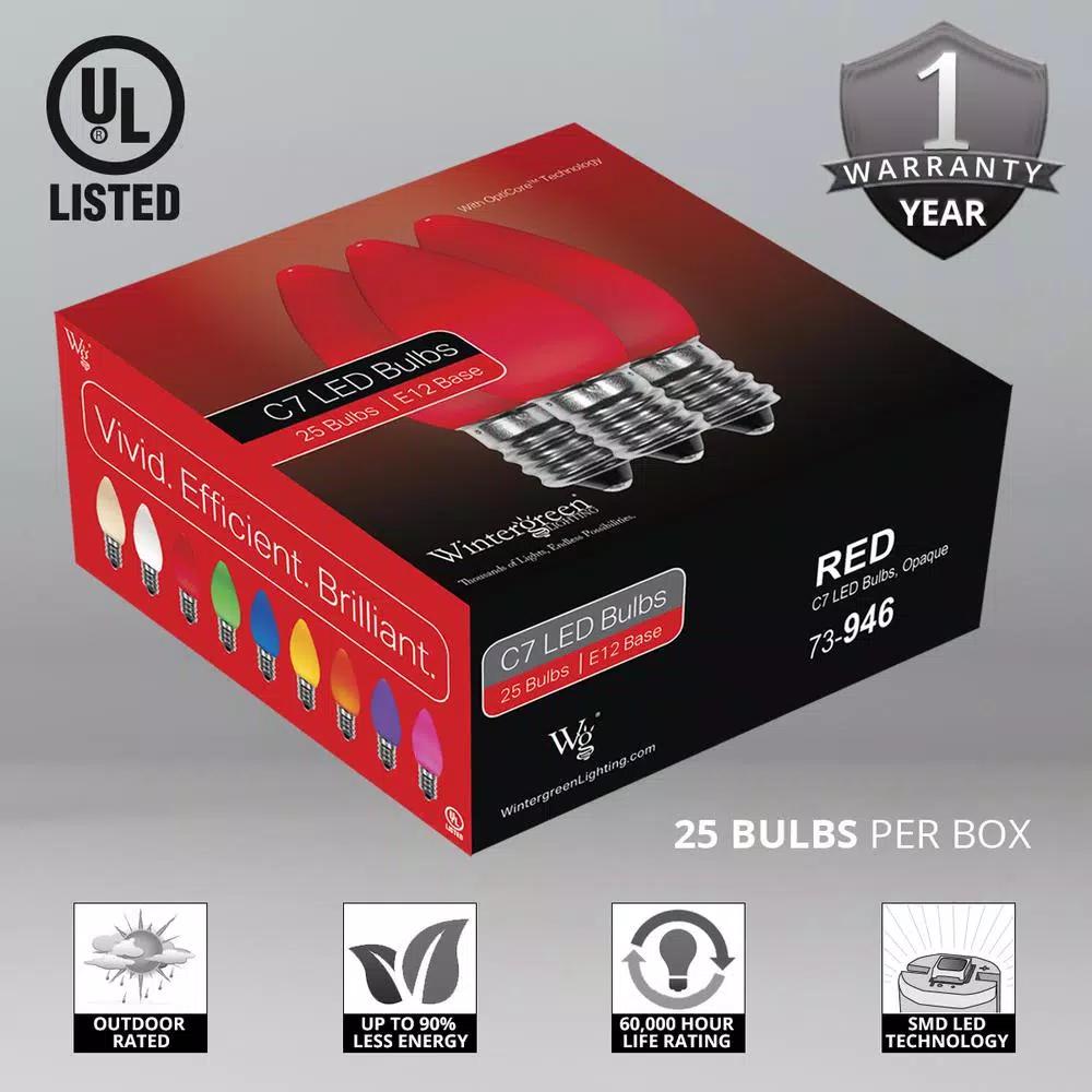 Wintergreen Lighting OptiCore C7 LED Red Smooth Opaque Christmas Light Bulbs, 25-Pack