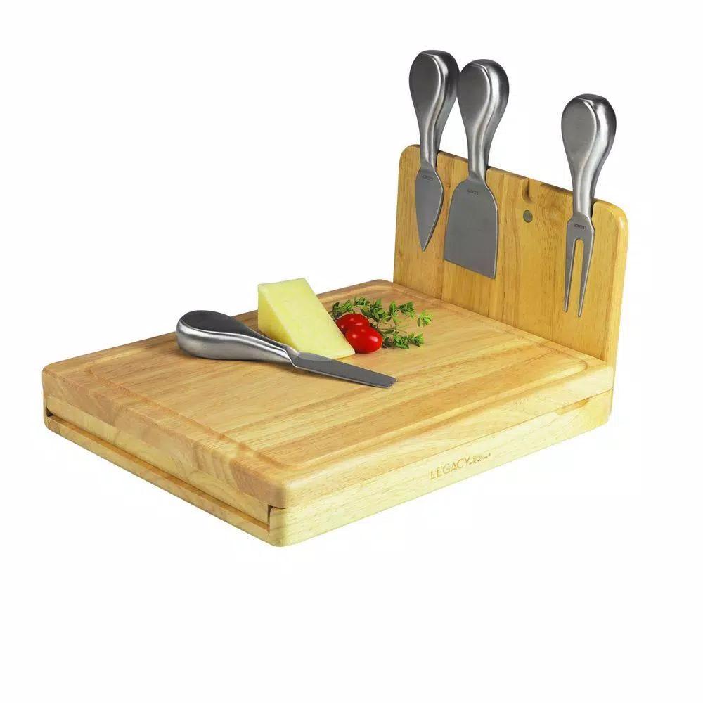 Legacy Asiago Folding Rubberwood Cutting Board and 4-Piece Stainless Steel Cheese Tool Set