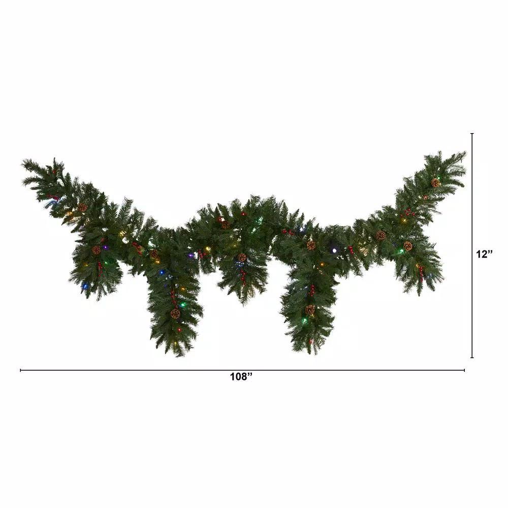 Nearly Natural 9 ft. Artificial Icicle Christmas Garland with 50 Multi-Color LED Lights, Berries and Pine Cones