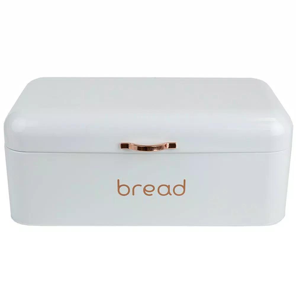 Home Basics White Grove Modern Bread Box with Rose Gold Handle - Stainless Steel Kitchen Storage