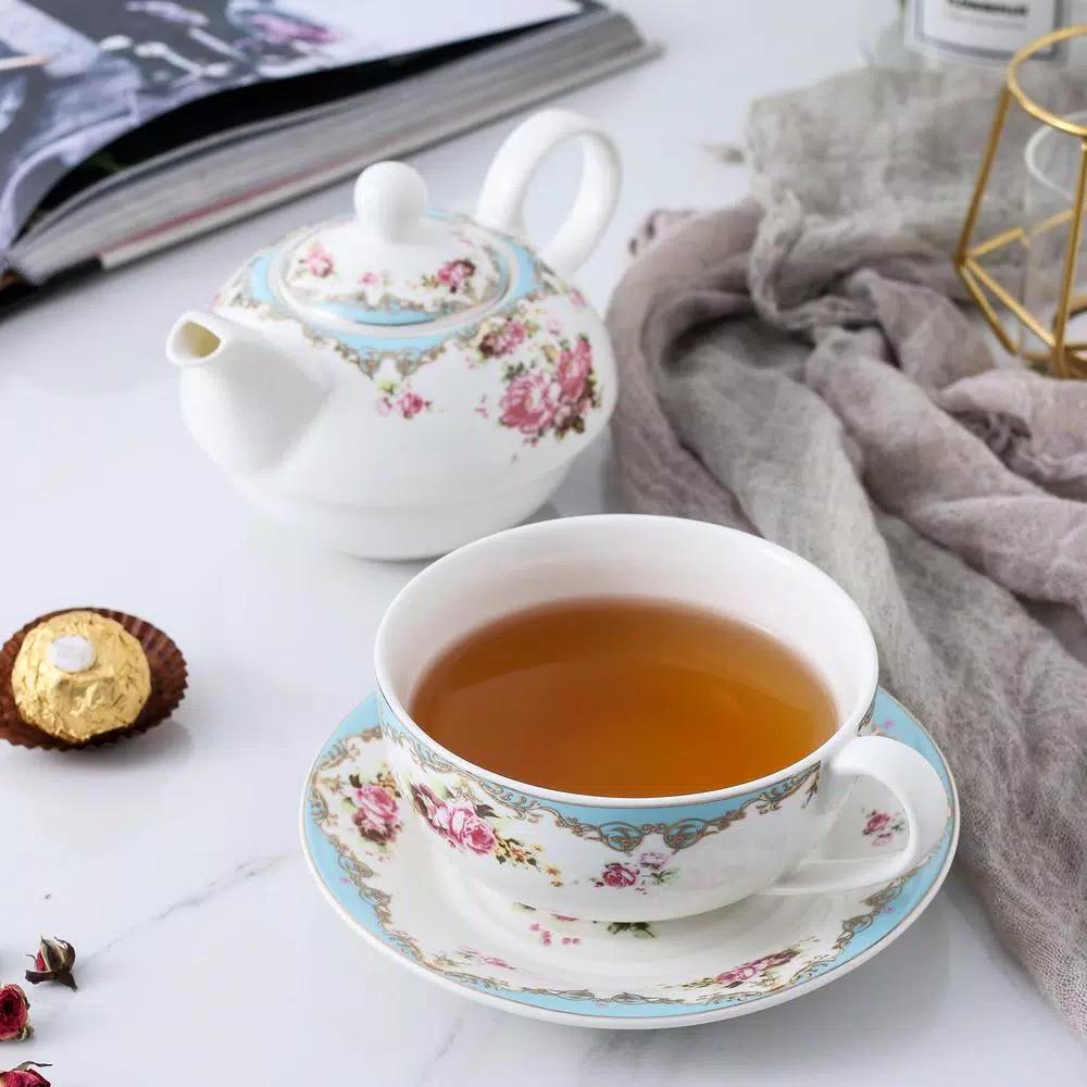 MALACASA Elegant Porcelain Tea Set for One - 3 Piece Teapot, Teacup and Saucer Set, White with Pattern