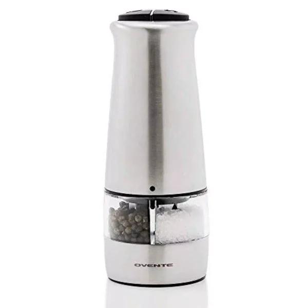 Ovente 2-in-1 Electric Salt and Pepper Grinder, Stainless Steel Silver, Battery Operated