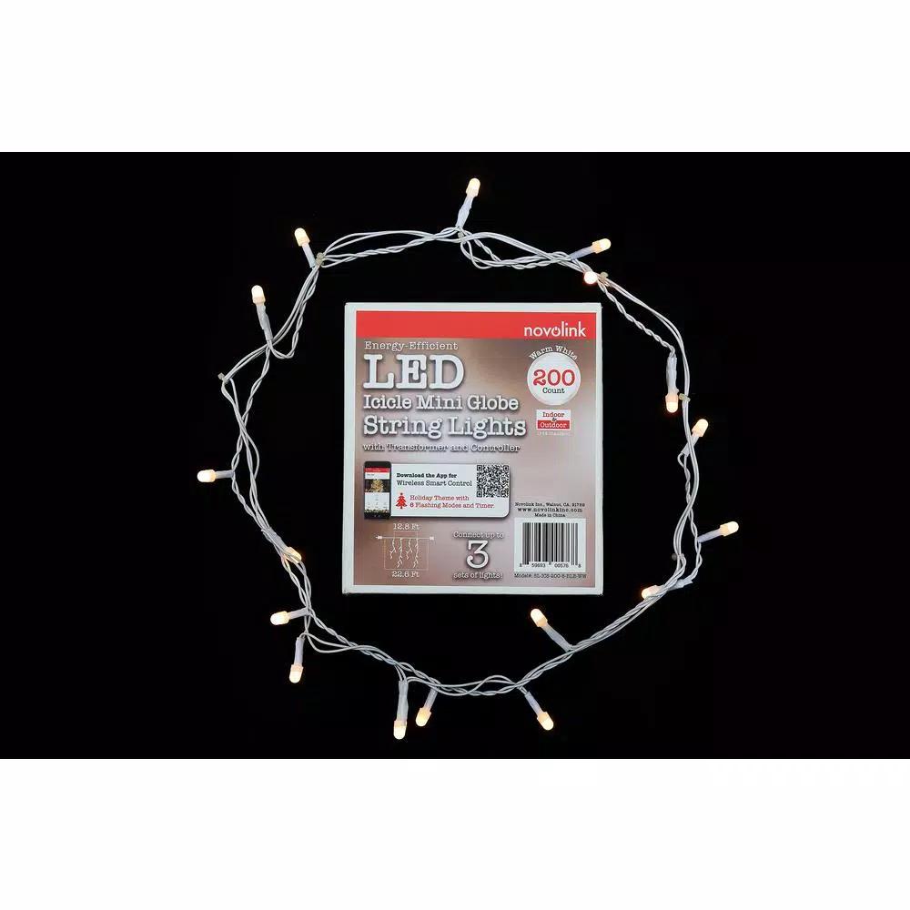 Novolink 200 Light 8mm Mini Globe Warm White Icicle LED String Light Bundle with Wireless Smart Control - 27ft Total