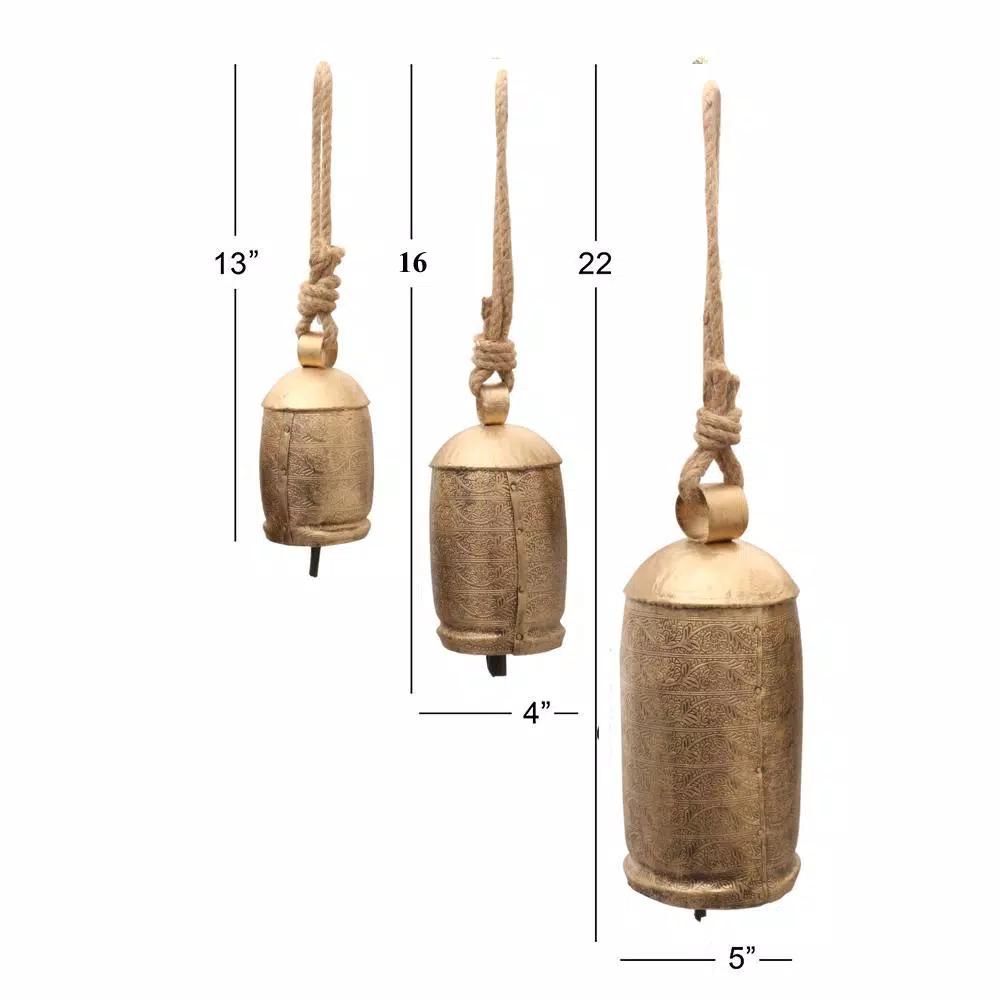 Benzara Gold 3-Piece Metal Animal Harmony Bell Set with Floral Embossed Design and Hanging Rope