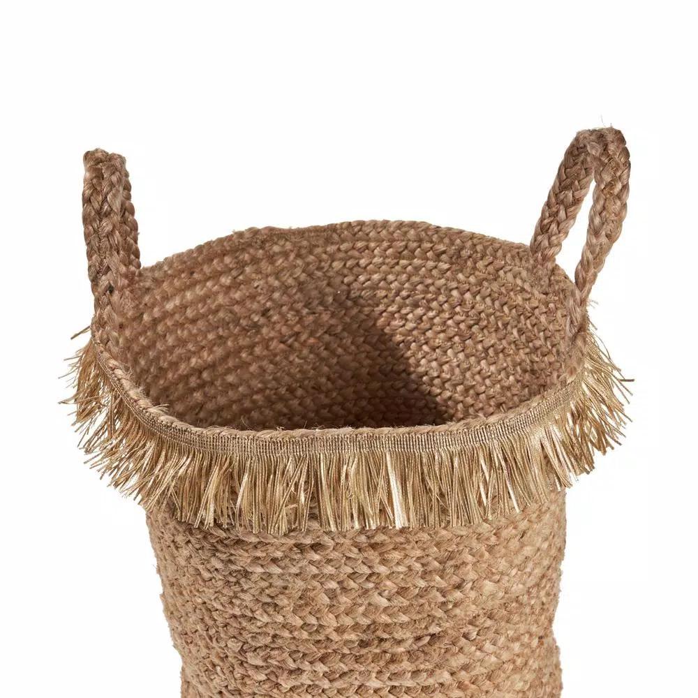 LR Home Claine Braided Jute Decorative Storage Basket with Fringe Rim and Handles