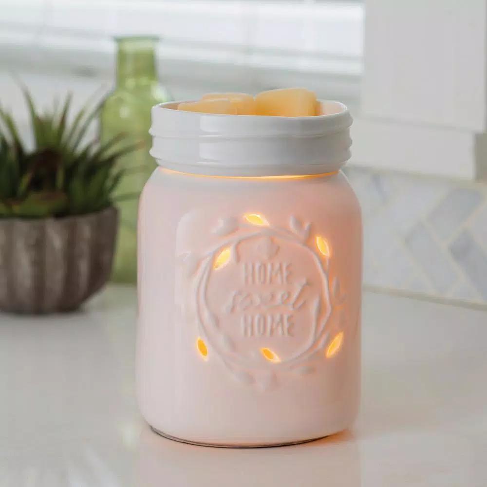 Candle Warmers Etc 8.8 in. White Mason Jar Porcelain Fragrance Warmer with 'Home Sweet Home' Design