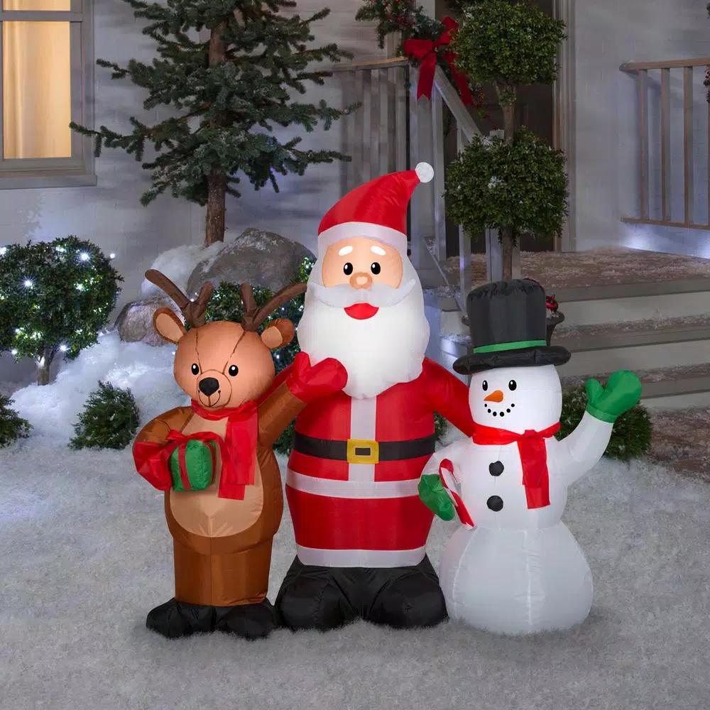 Gemmy 4 ft. Airblown Inflatable Santa, Reindeer, and Snowman Christmas Trio with LED Lights