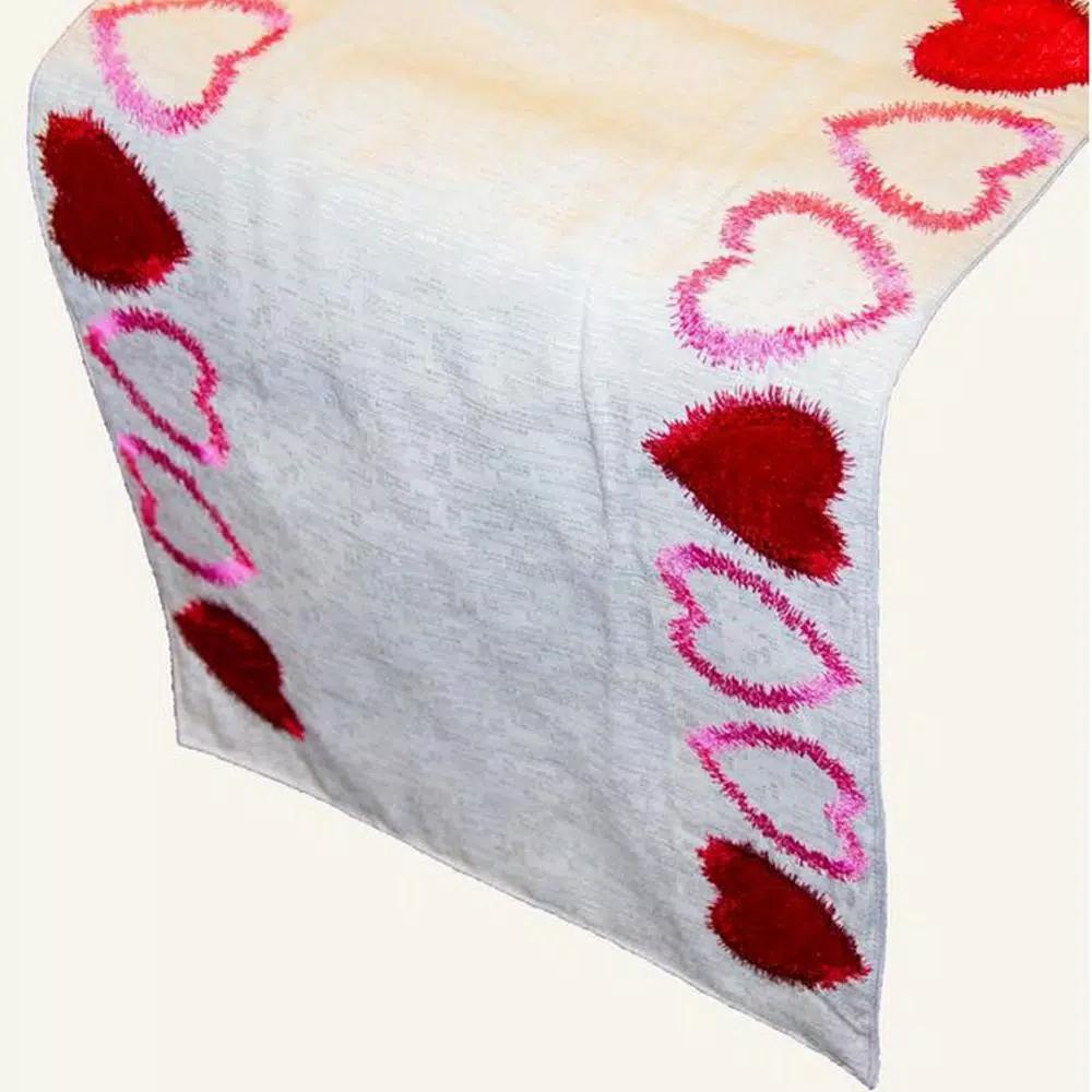Lintex Linen Radiant Heart Cotton and Poly Table Runner, Cream with Multi-Colored Hearts