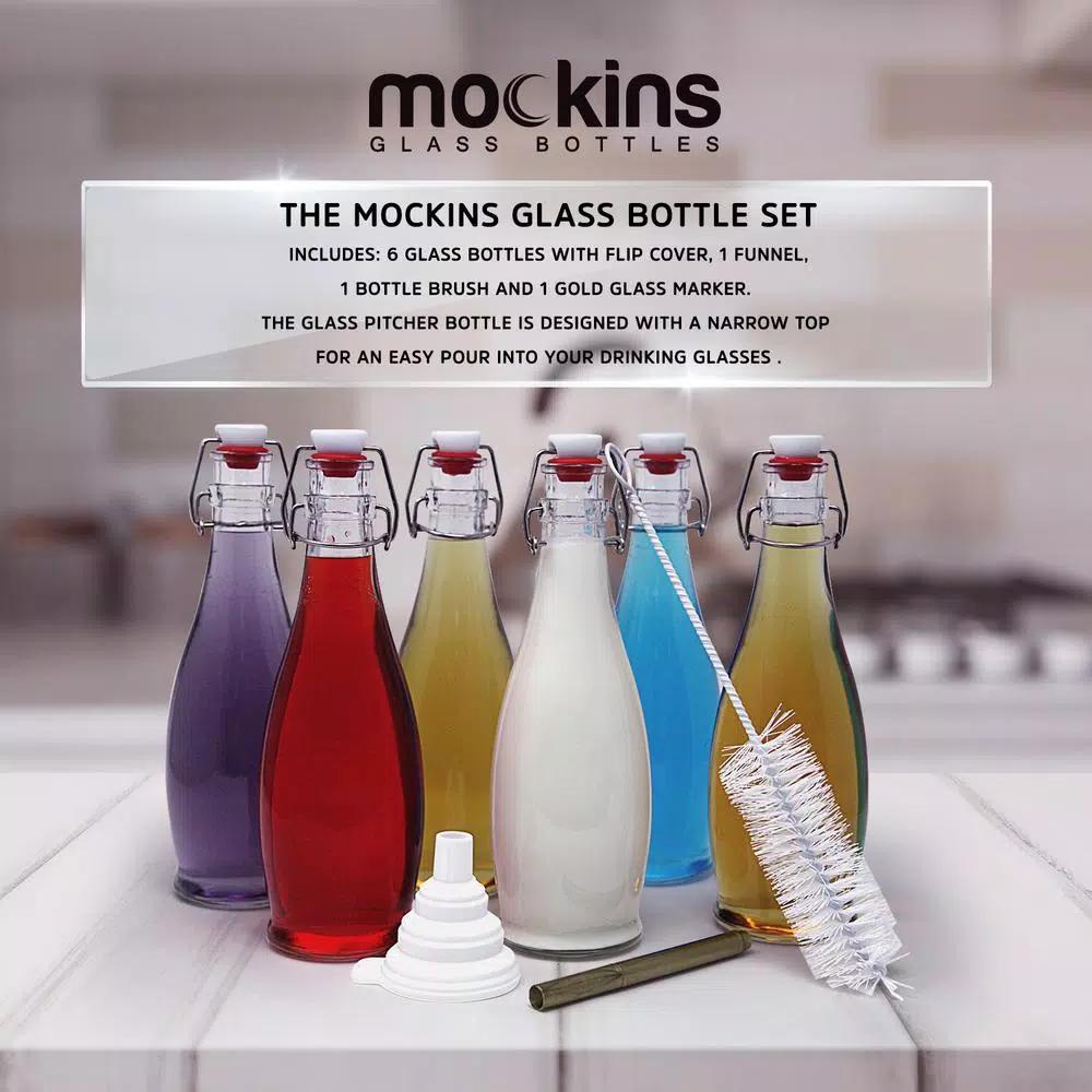 Mockins 17 oz. Glass Bottles with Swing Top Stoppers - Set of 6 with Funnel, Brush, and Gold Marker