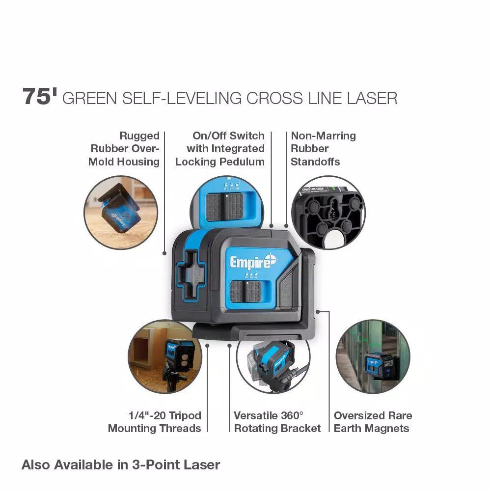 Empire Green Self-Leveling Cross Line Laser Level, 75 ft. Range