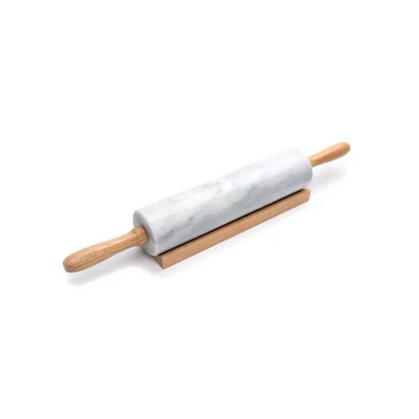 Fox Run White Marble Rolling Pin with Wooden Handles and Base