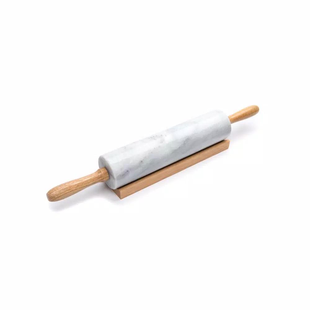 Fox Run White Marble Rolling Pin with Wooden Handles and Base