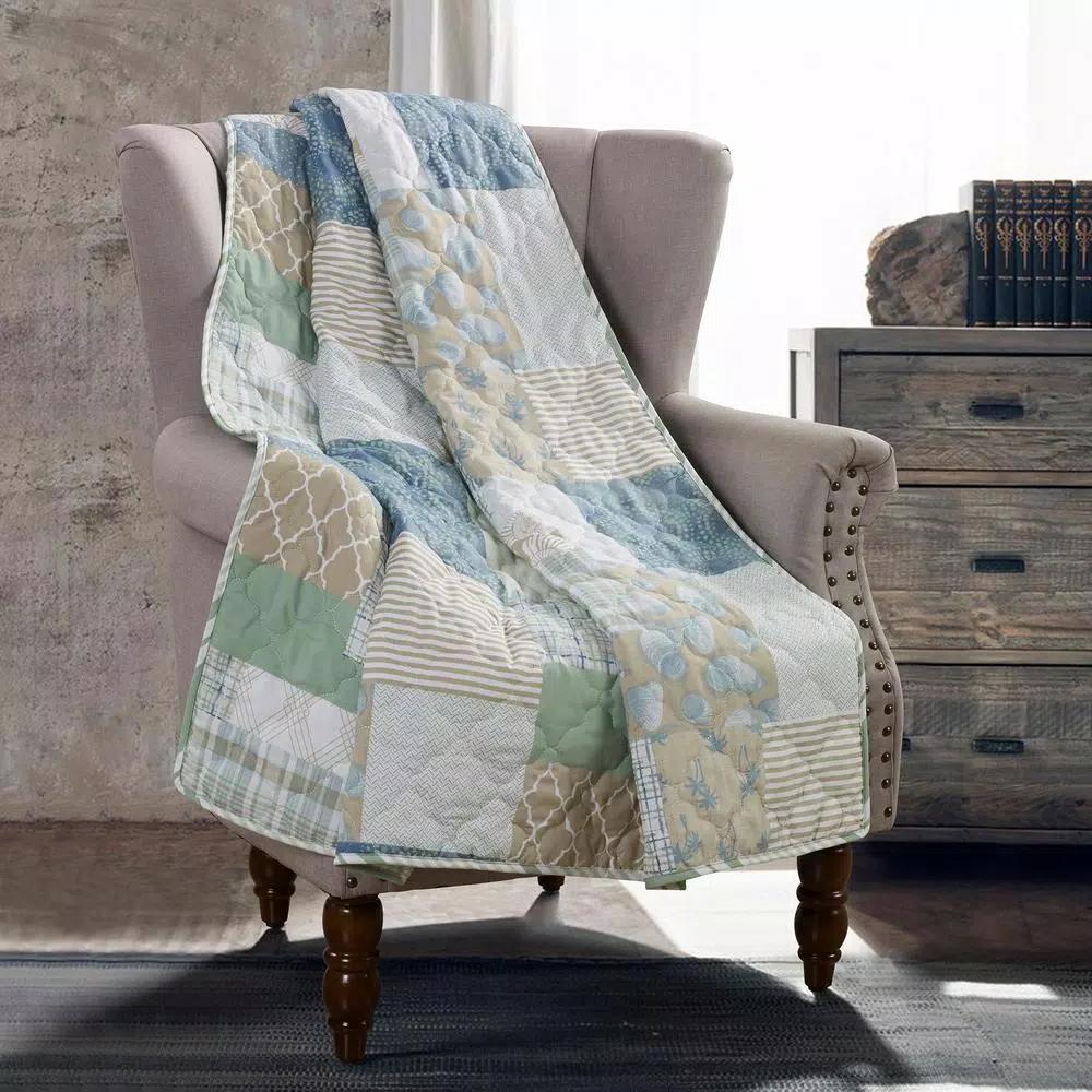 DONNA SHARP Tidepool Green Microfiber Coastal Patchwork Reversible Throw Blanket