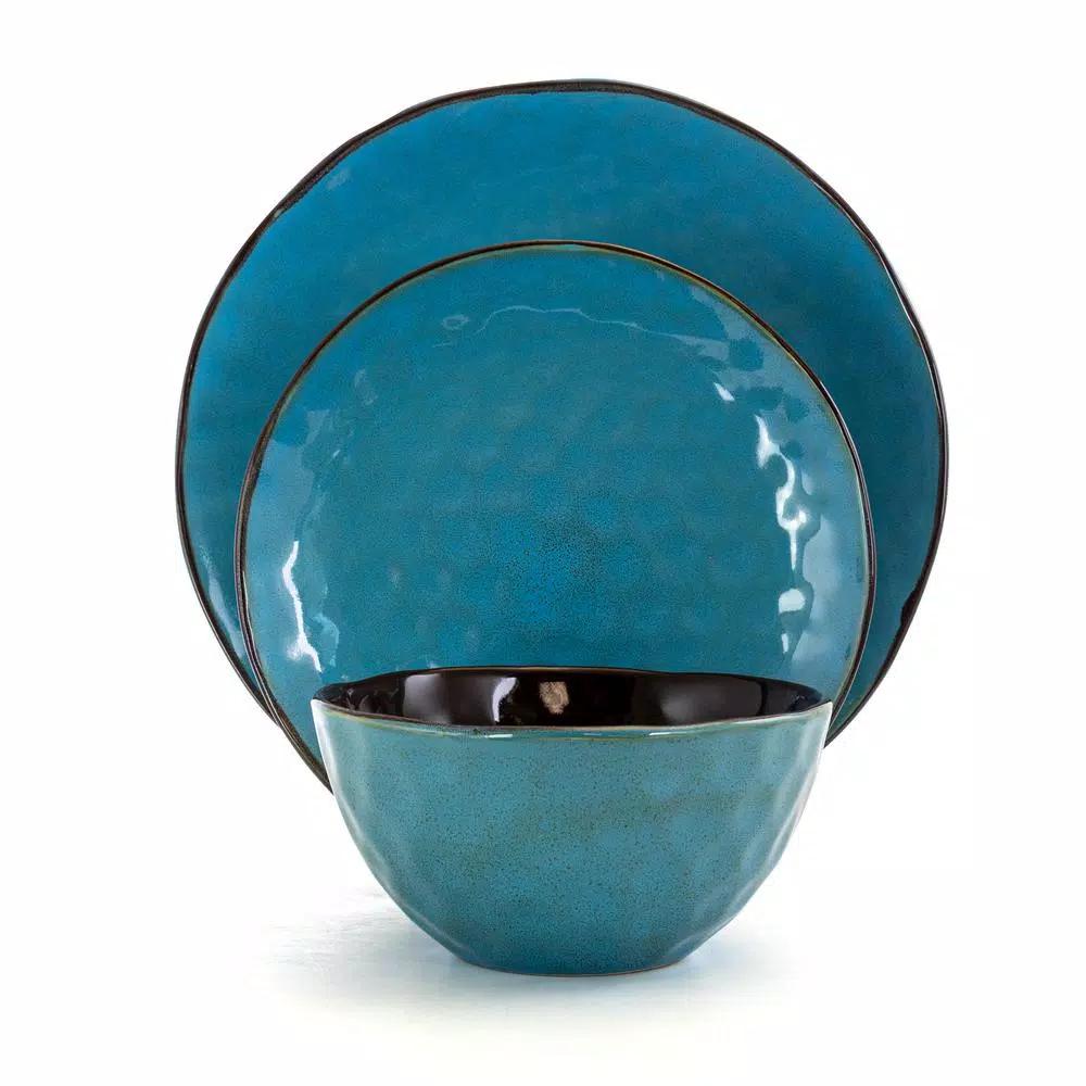Elama Sea Glass 16-Piece Turquoise Stoneware Dinnerware Set, Service for 4