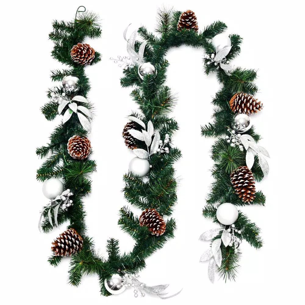 Costway 9 ft. Pre-Lit Artificial Pine Garland with 50 LED Lights, Pinecones, and Berries