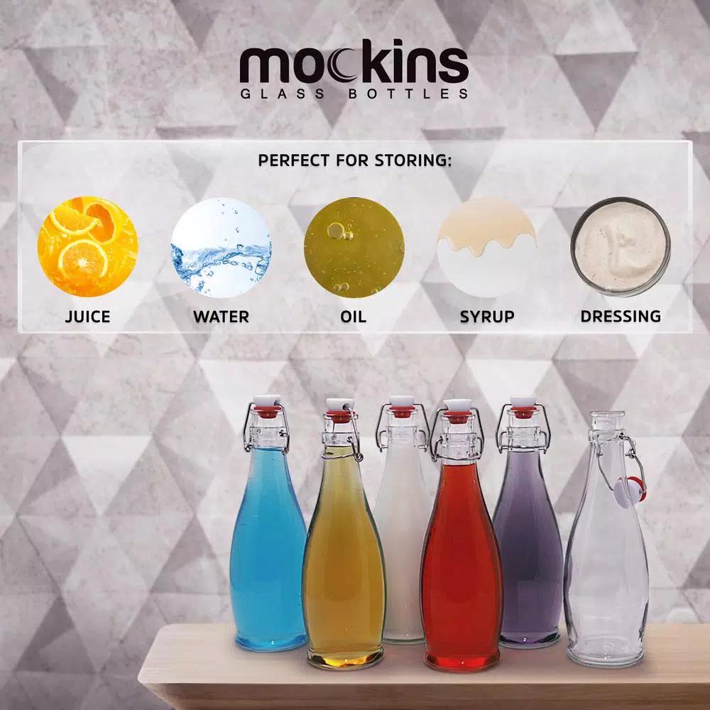 Mockins 17 oz. Glass Bottles with Swing Top Stoppers - Set of 6 with Funnel, Brush, and Gold Marker