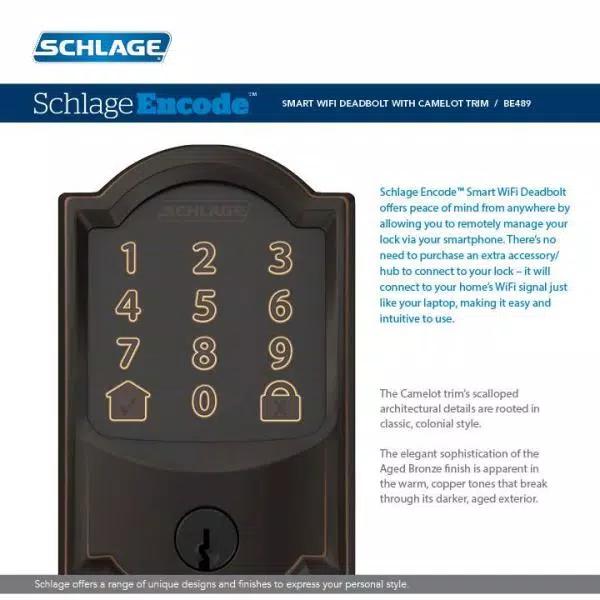 Schlage Encode Smart WiFi Door Lock with Alarm and Accent Lever Handleset, Aged Bronze