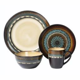 Lorren Home Trends 16-Piece Stoneware Dinnerware Set, Service for 4, Assorted Earth Tone Mosaic Design thumbnail 1